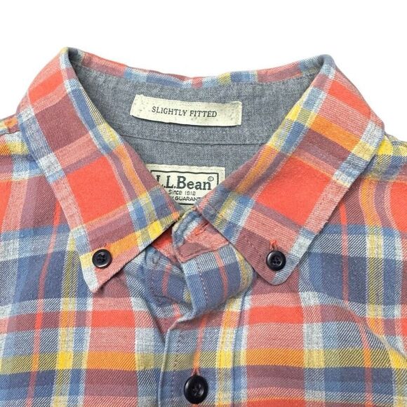 L.L. Bean Slightly Fitted Plaid Button Up Shirt Mens M Orange Blue Outdoors - Picture 4 of 8